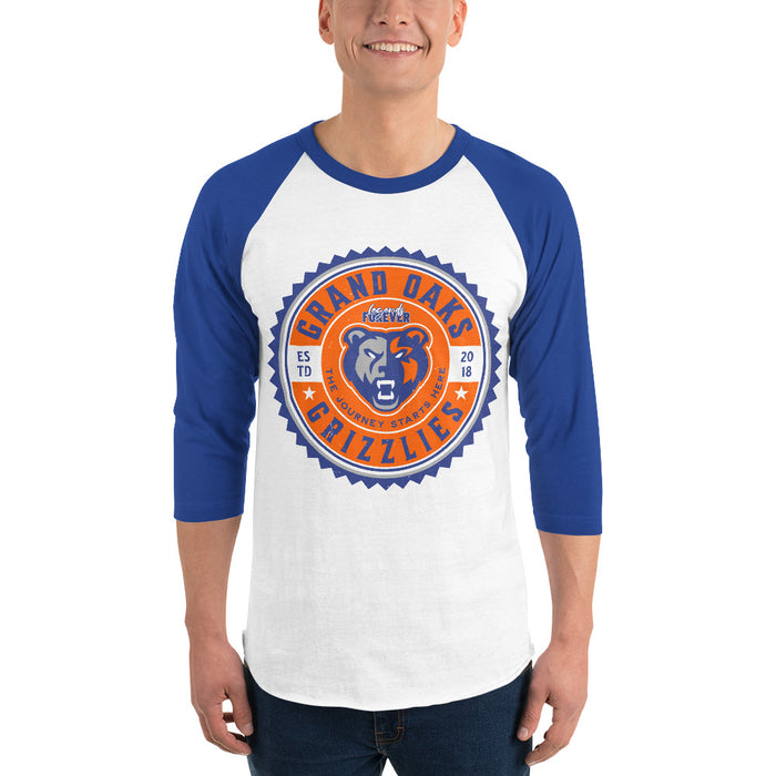 Man wearing Grand Oaks High School Grizzlies Unisex 3/4 sleeve Raglan T-shirt 203