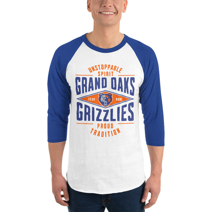 Woman wearing Grand Oaks High School Grizzlies Unisex 3/4 sleeve Raglan T-shirt 210