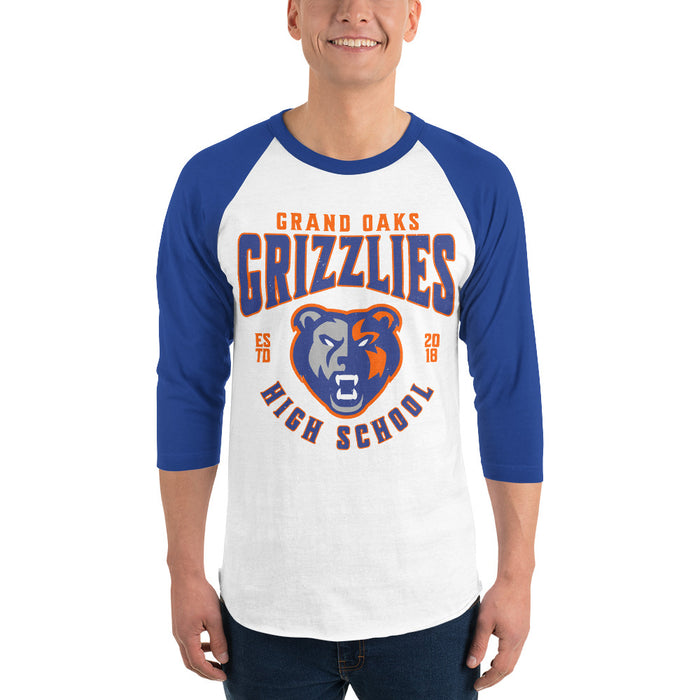 Man wearing Grand Oaks High School Grizzlies Unisex 3/4 sleeve Raglan T-shirt 213
