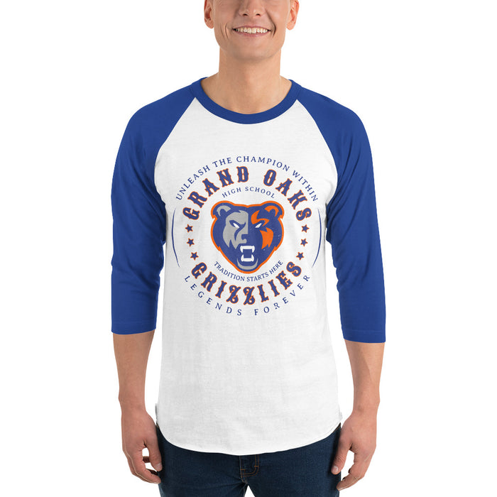 Man wearing Grand Oaks High School Grizzlies Unisex 3/4 sleeve Raglan T-shirt 214