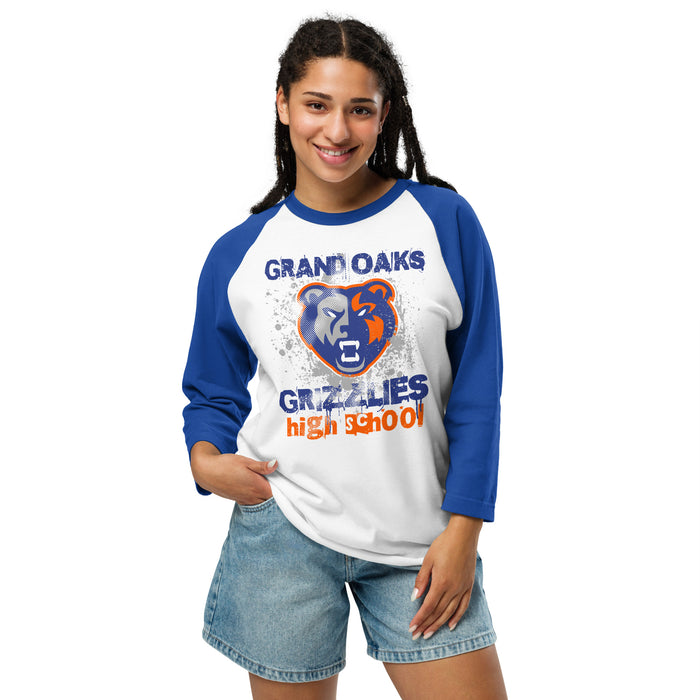 Woman wearing Grand Oaks High School Grizzlies Unisex 3/4 sleeve Raglan T-shirt 205