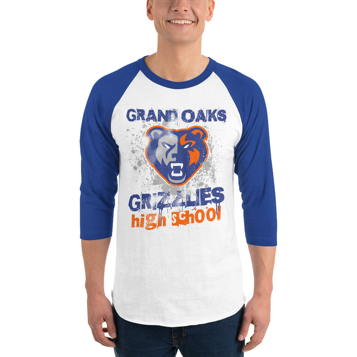 Man wearing Grand Oaks High School Grizzlies Unisex 3/4 sleeve Raglan T-shirt 205