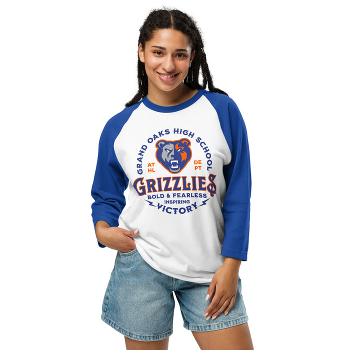 Woman wearing Grand Oaks High School Grizzlies Unisex 3/4 sleeve Raglan T-shirt 206