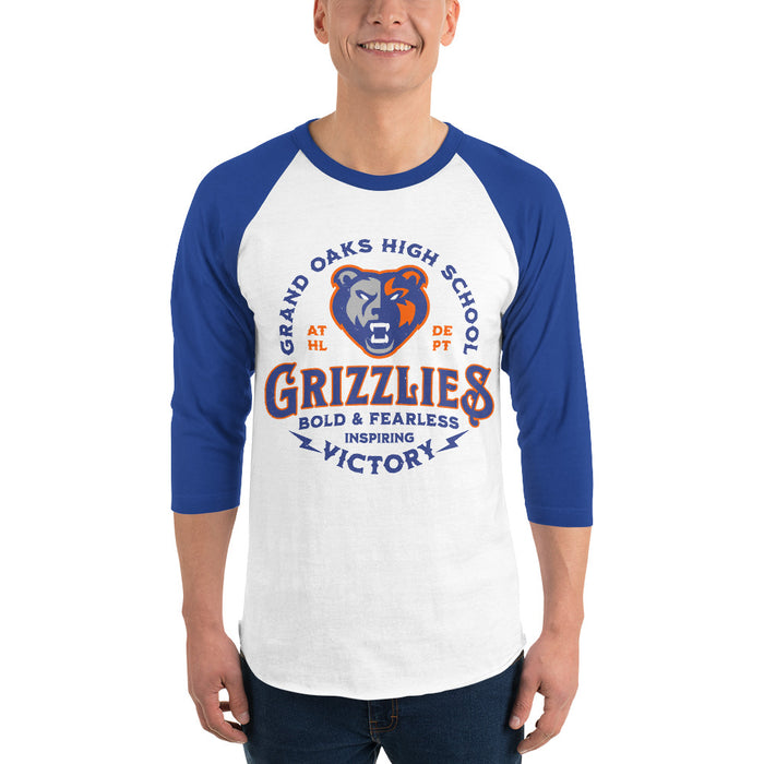 Man wearing Grand Oaks High School Grizzlies Unisex 3/4 sleeve Raglan T-shirt 206