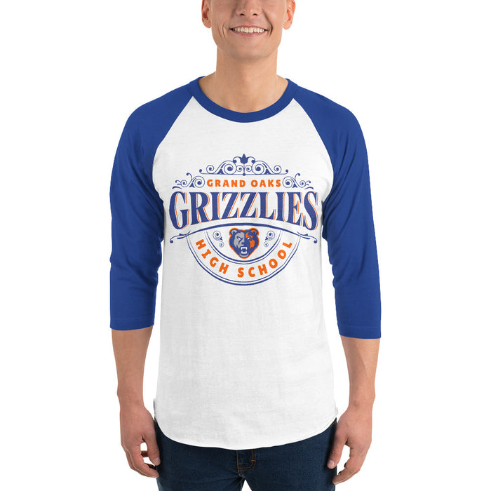 Man wearing Grand Oaks High School Grizzlies Unisex 3/4 sleeve Raglan T-shirt 211