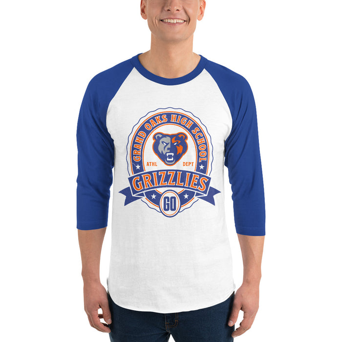 Man wearing Grand Oaks High School Grizzlies Unisex 3/4 sleeve Raglan T-shirt 212