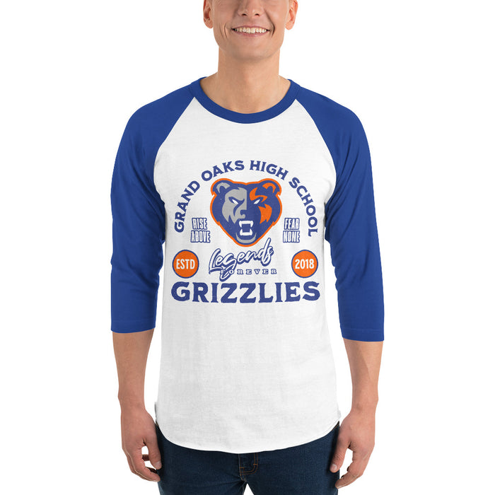 Man wearing Grand Oaks High School Grizzlies Unisex 3/4 sleeve Raglan T-shirt 208