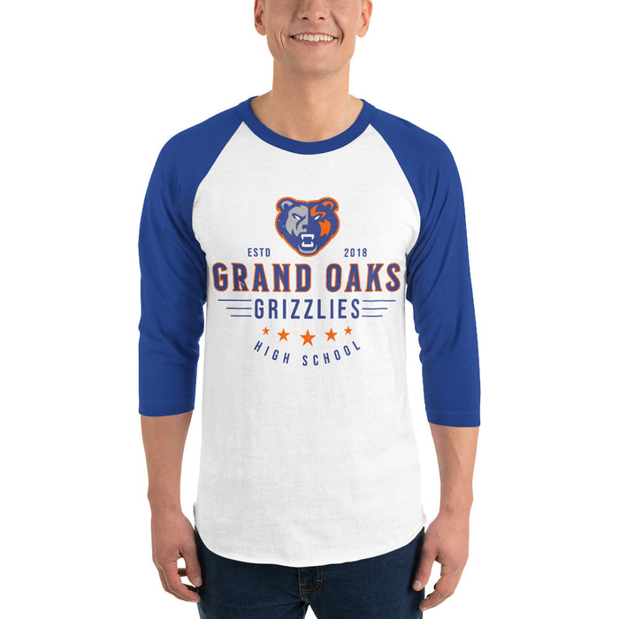 Man wearing Grand Oaks High School Grizzlies Unisex 3/4 sleeve Raglan T-shirt 217