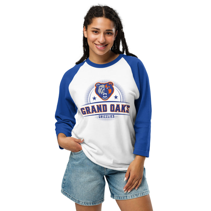 Woman wearing Grand Oaks High School Grizzlies Unisex 3/4 sleeve Raglan T-shirt 221
