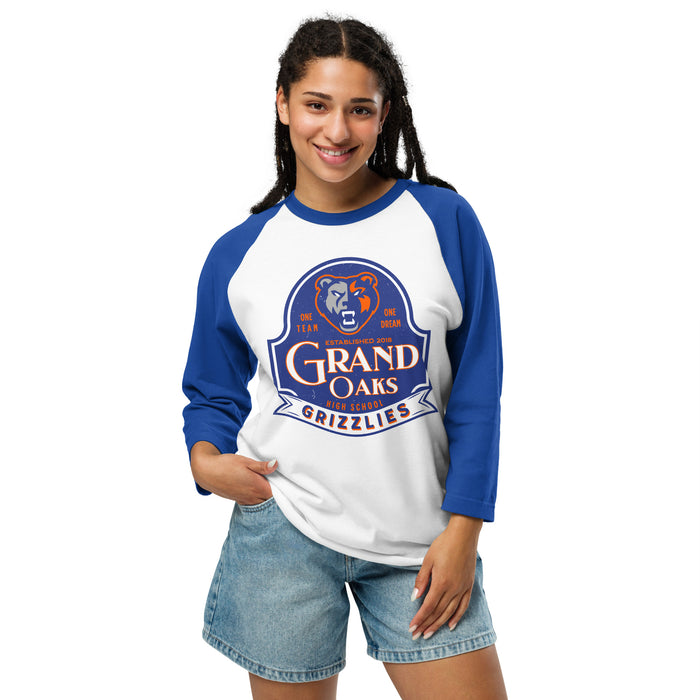 Woman wearing Grand Oaks High School Grizzlies Unisex 3/4 sleeve Raglan T-shirt 219