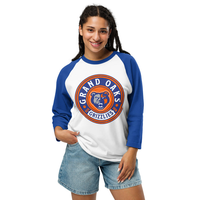 Woman wearing Grand Oaks High School Grizzlies Unisex 3/4 sleeve Raglan T-shirt 220