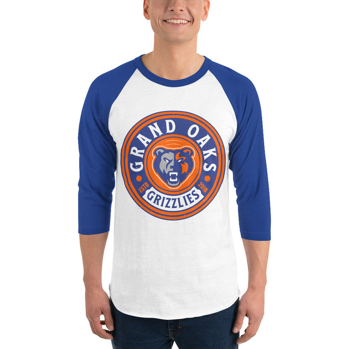 Man wearing Grand Oaks High School Grizzlies Unisex 3/4 sleeve Raglan T-shirt 220
