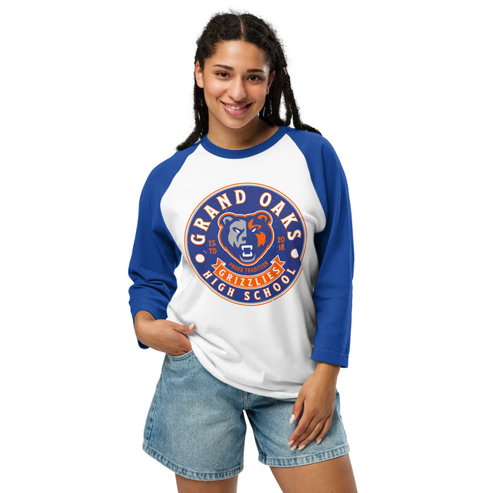 Woman wearing Grand Oaks High School Grizzlies Unisex 3/4 sleeve Raglan T-shirt 215