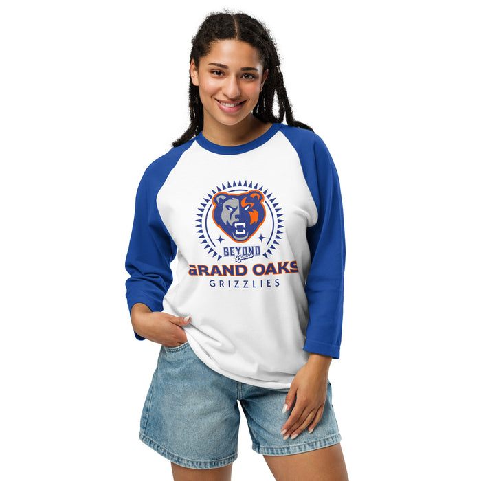 Woman wearing Grand Oaks High School Grizzlies Unisex 3/4 sleeve Raglan T-shirt 226
