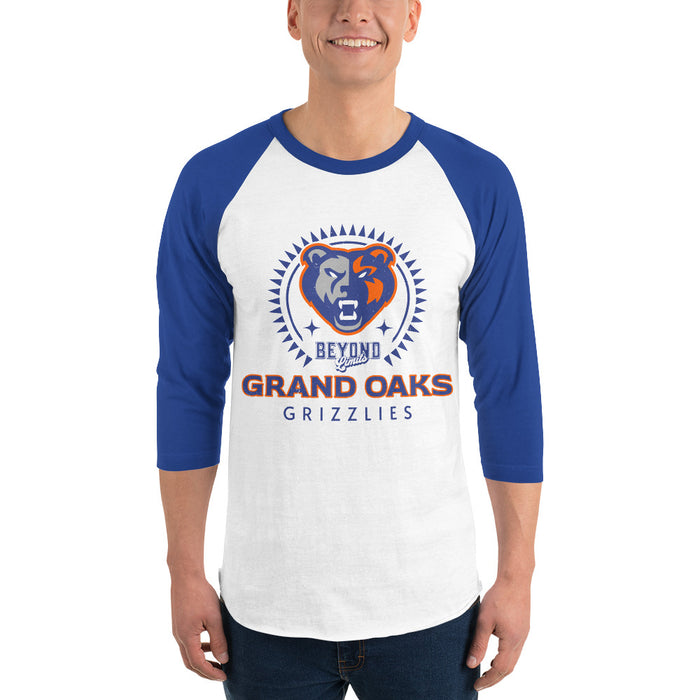 Man wearing Grand Oaks High School Grizzlies Unisex 3/4 sleeve Raglan T-shirt 226
