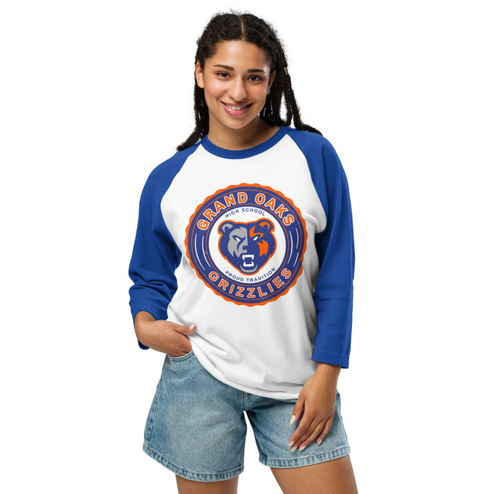 Woman wearing Grand Oaks High School Grizzlies Unisex 3/4 sleeve Raglan T-shirt 226