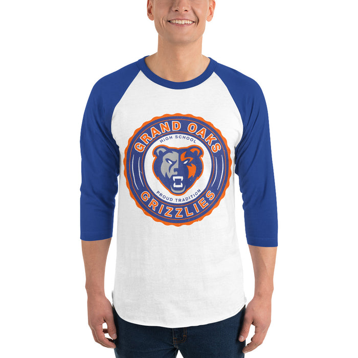 Man wearing Grand Oaks High School Grizzlies Unisex 3/4 sleeve Raglan T-shirt 226