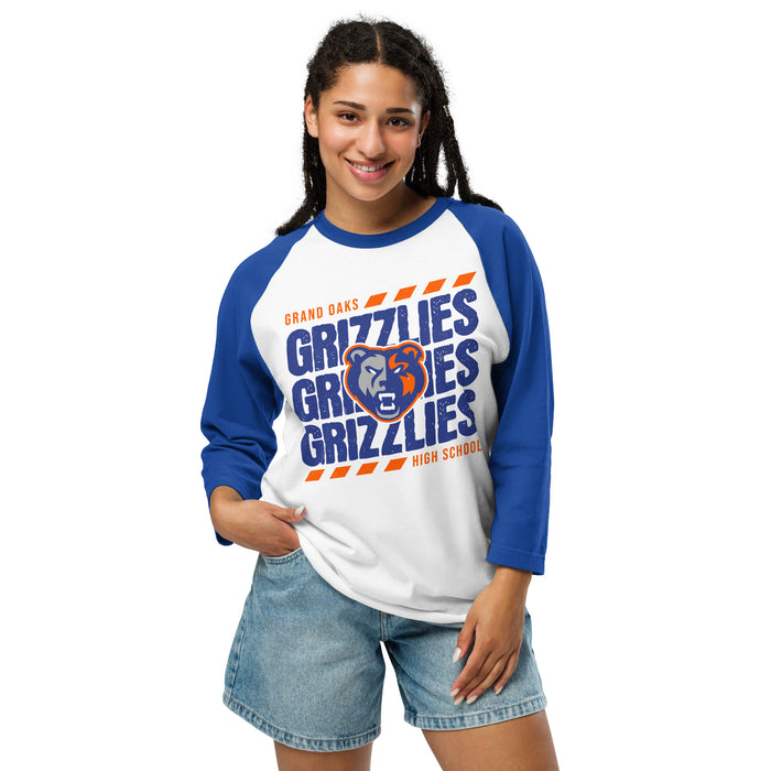 Woman wearing Grand Oaks High School Grizzlies Unisex 3/4 sleeve Raglan T-shirt 223