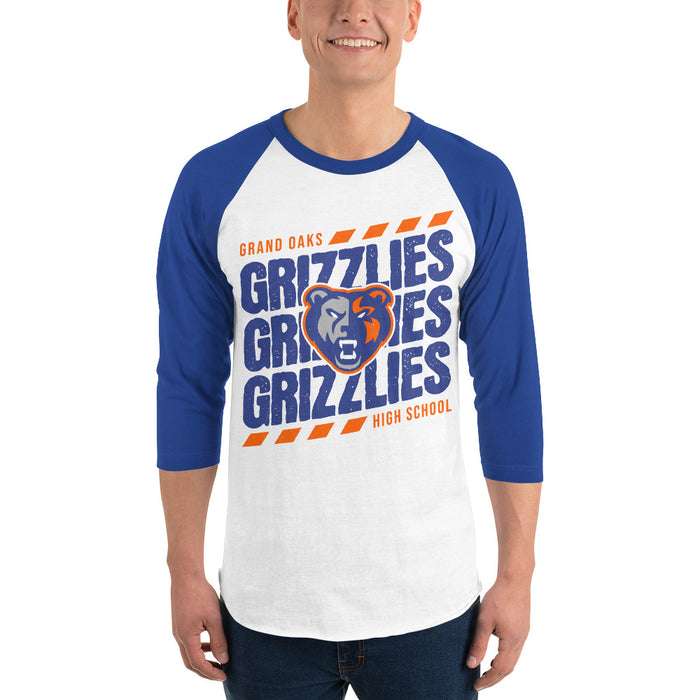 Man wearing Grand Oaks High School Grizzlies Unisex 3/4 sleeve Raglan T-shirt 223
