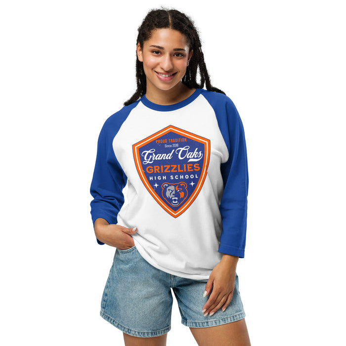 Woman wearing Grand Oaks High School Grizzlies Unisex 3/4 sleeve Raglan T-shirt 225