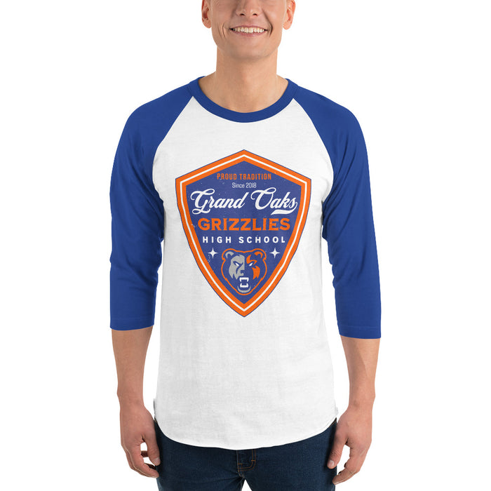 Man wearing Grand Oaks High School Grizzlies Unisex 3/4 sleeve Raglan T-shirt 225