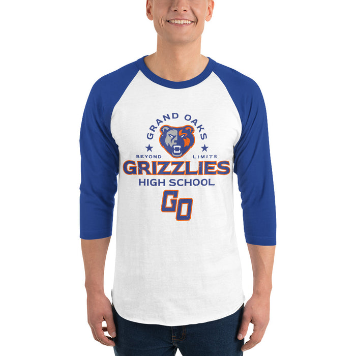 Man wearing Grand Oaks High School Grizzlies Unisex 3/4 sleeve Raglan T-shirt 222