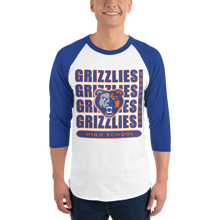 Man wearing Grand Oaks High School Grizzlies Unisex 3/4 sleeve Raglan T-shirt 235