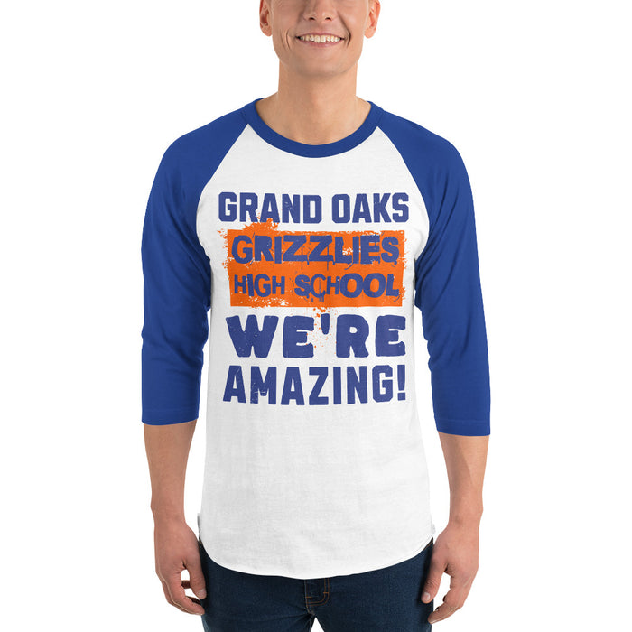 Man wearing Grand Oaks High School Grizzlies Unisex 3/4 sleeve Raglan T-shirt 231