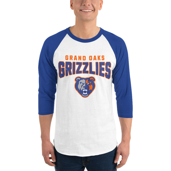 Man wearing Grand Oaks High School Grizzlies Unisex 3/4 sleeve Raglan T-shirt 234