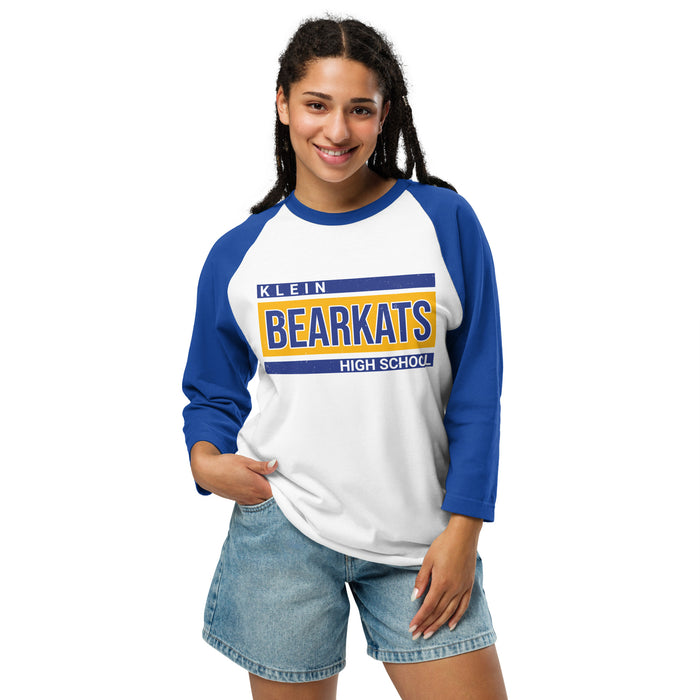 Woman wearing Klein High School Bearkats Unisex 3/4 Sleeve Raglan T-shirt 098