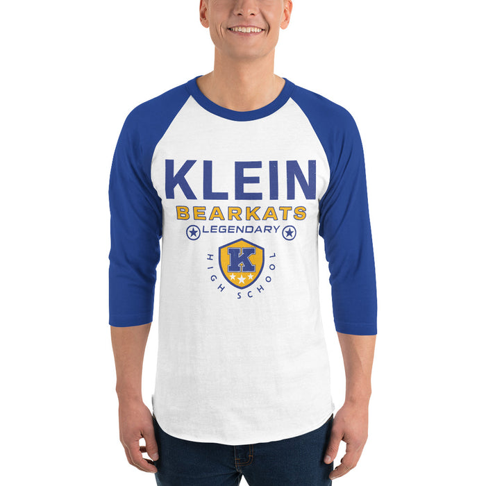 Man wearing Klein High School Bearkats Unisex 3/4 Sleeve Raglan T-shirt 003