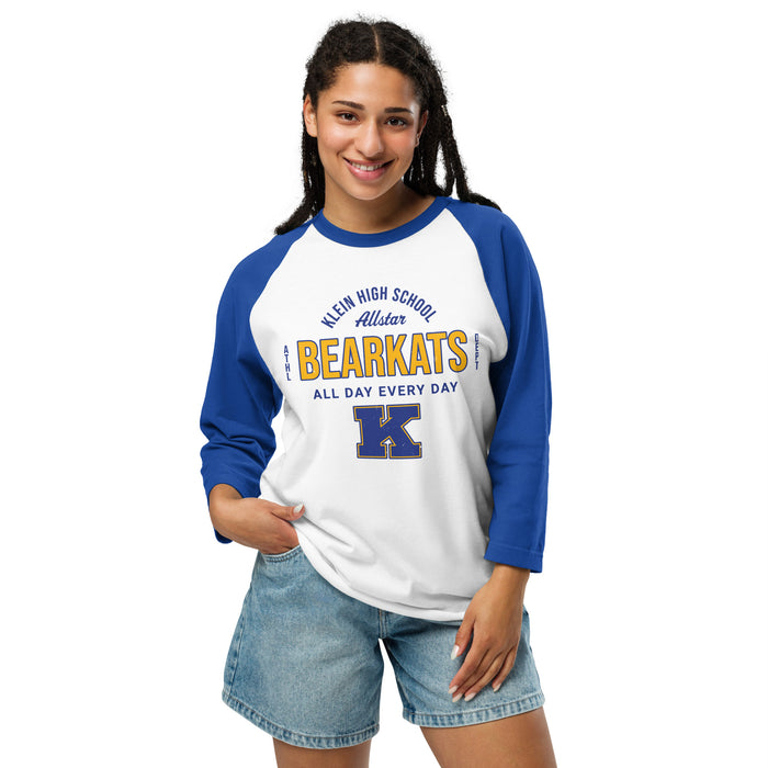 Woman wearing Klein High School Bearkats Unisex 3/4 Sleeve Raglan T-shirt 040