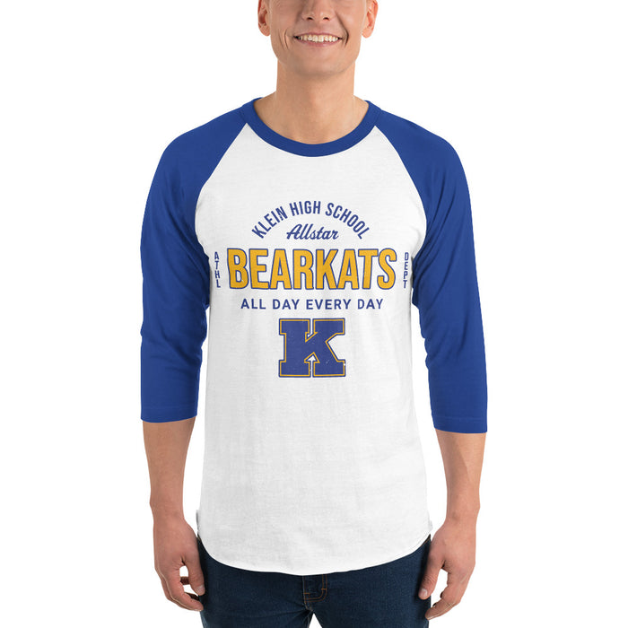 Man wearing Klein High School Bearkats Unisex 3/4 Sleeve Raglan T-shirt 040