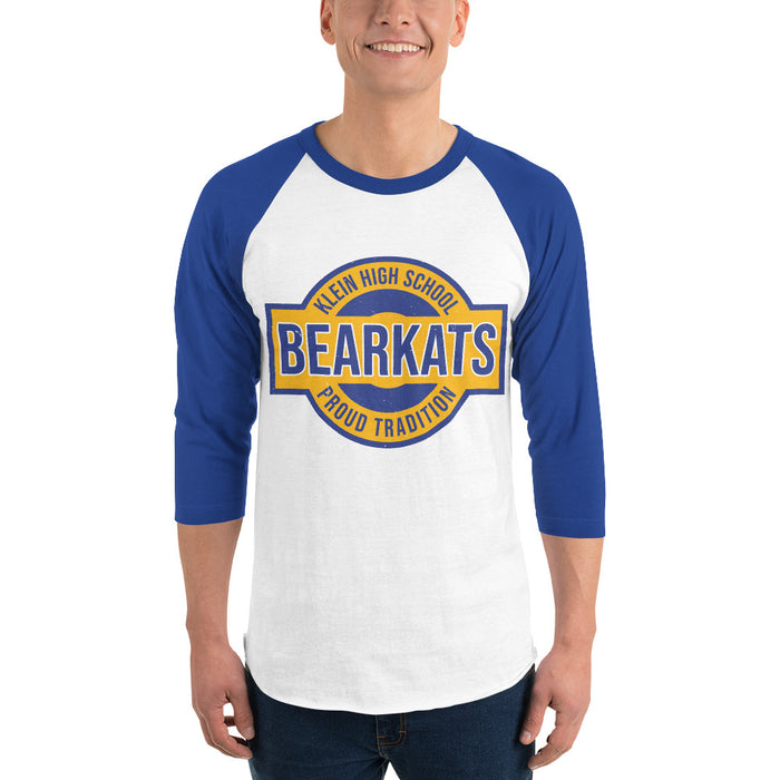 Man wearing Klein High School Bearkats Unisex 3/4 Sleeve Raglan T-shirt 011