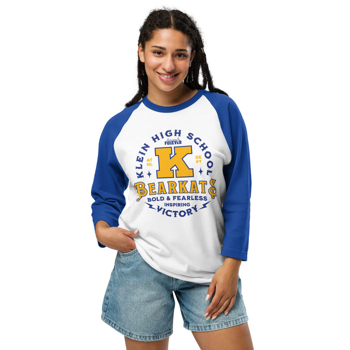 Woman wearing Klein High School Bearkats Unisex 3/4 Sleeve Raglan T-shirt 206