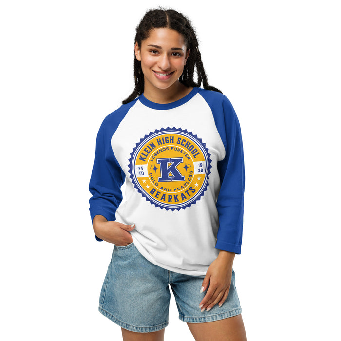 Woman wearing Klein High School Bearkats Unisex 3/4 Sleeve Raglan T-shirt 203