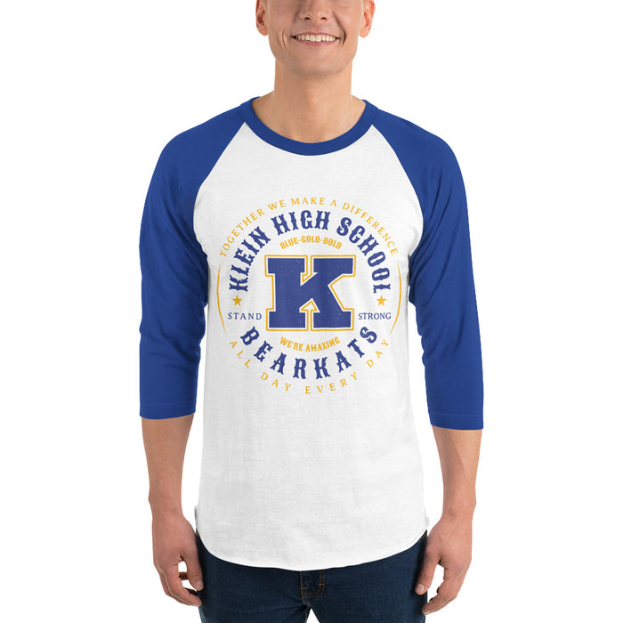 Man wearing Klein High School Bearkats Unisex 3/4 Sleeve Raglan T-shirt 214