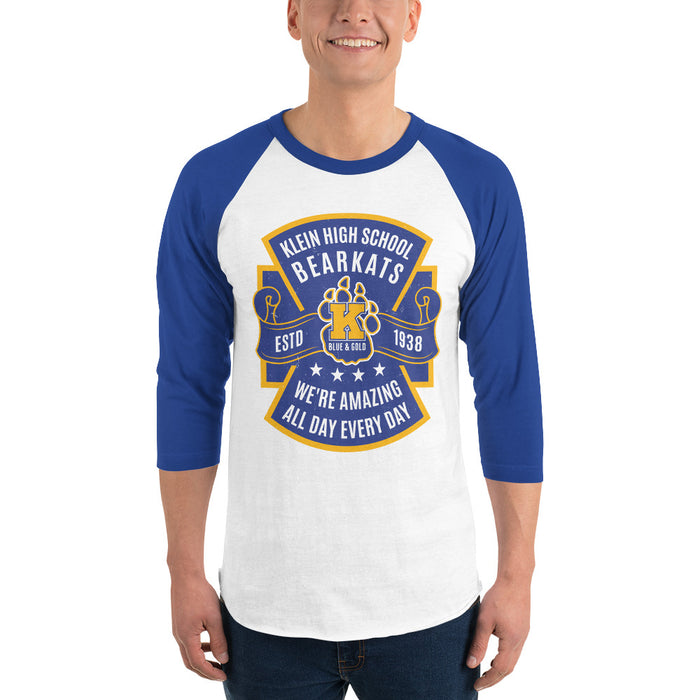 Man wearing Klein High School Bearkats Unisex 3/4 Sleeve Raglan T-shirt 207
