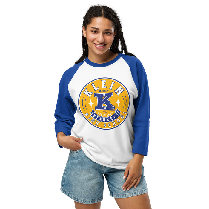 Woman wearing Klein High School Bearkats Unisex 3/4 Sleeve Raglan T-shirt 215