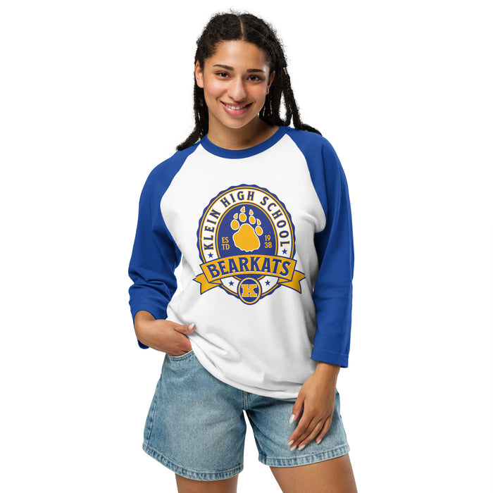 Woman wearing Klein High School Bearkats Unisex 3/4 Sleeve Raglan T-shirt 212