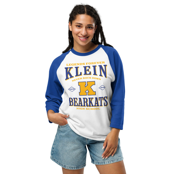 Woman wearing Klein High School Bearkats Unisex 3/4 Sleeve Raglan T-shirt 230
