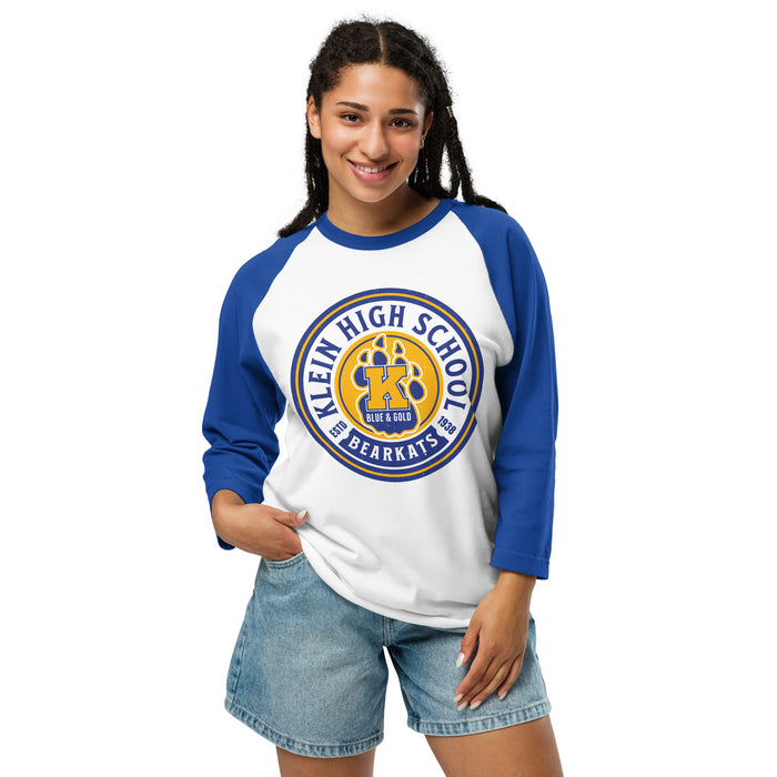Woman wearing Klein High School Bearkats Unisex 3/4 Sleeve Raglan T-shirt 220