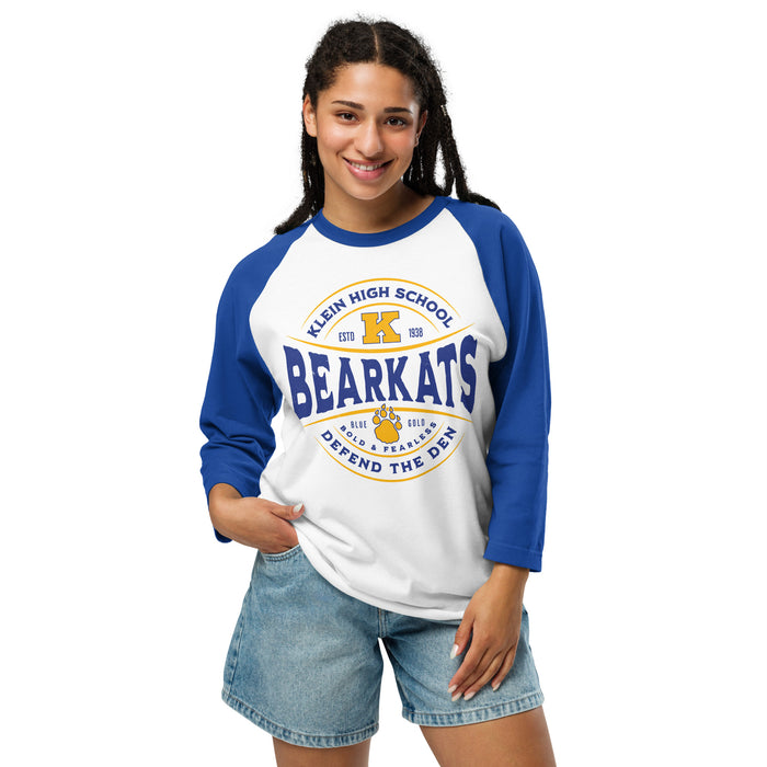 Woman wearing Klein High School Bearkats Unisex 3/4 Sleeve Raglan T-shirt 218