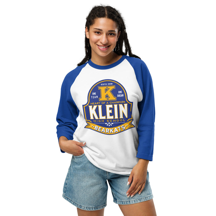 Woman wearing Klein High School Bearkats Unisex 3/4 Sleeve Raglan T-shirt 219