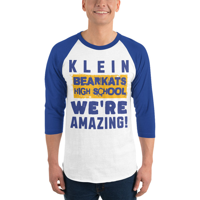 Man wearing Klein High School Bearkats Unisex 3/4 Sleeve Raglan T-shirt 231