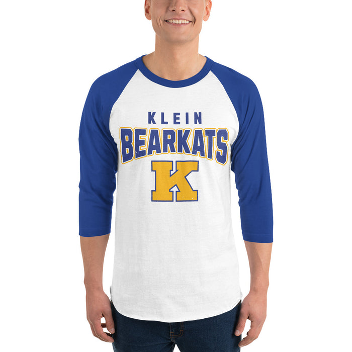 Man wearing Klein High School Bearkats Unisex 3/4 Sleeve Raglan T-shirt 234