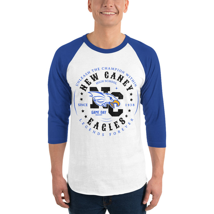 Man wearing New Caney High School Eagles Unisex 3/4 sleeve Raglan T-shirt 214