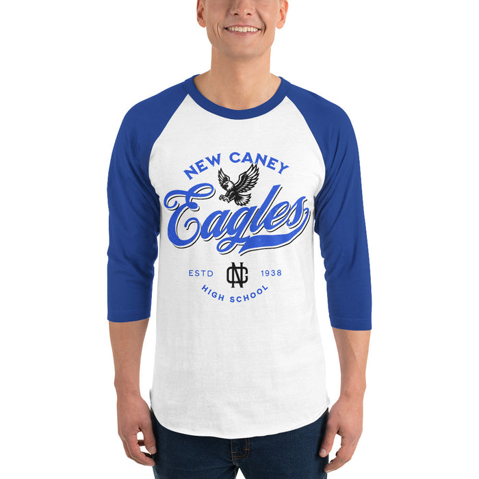 Man wearing New Caney High School Eagles Unisex 3/4 sleeve Raglan T-shirt 226