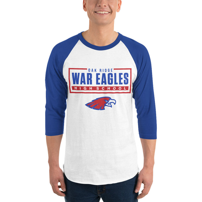Man wearing Oak Ridge High School War Eagles Unisex 3/4 sleeve Raglan T-shirt 049 royal
