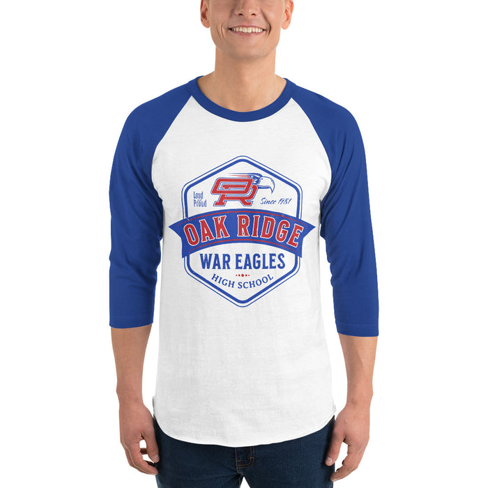 Man wearing Oak Ridge High School War Eagles Unisex 3/4 sleeve Raglan T-shirt 209 royal